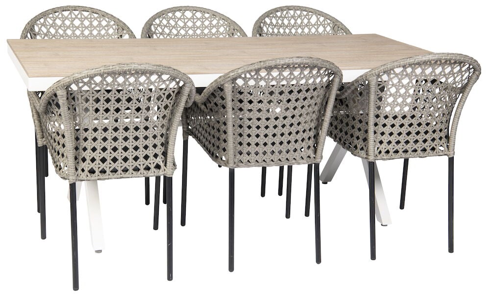 Suorakulmainen valkoinen ulkopöytä, jossa on kuusi polyrottinkituolia.