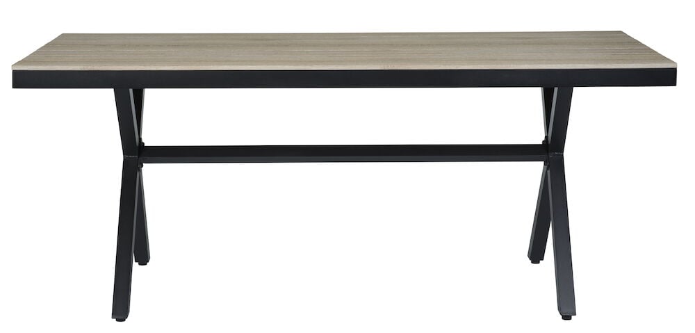 Rektangulært svart bord med metallramme og ben.