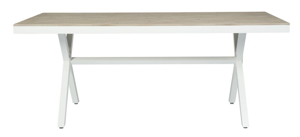 Rektangulært hvitt spisebord med trelignende bordplate.