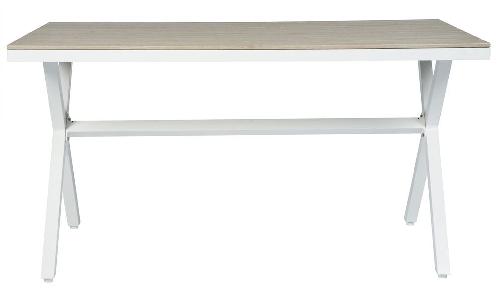 Hvitt spisebord med aintwood-plate og kryssede ben.