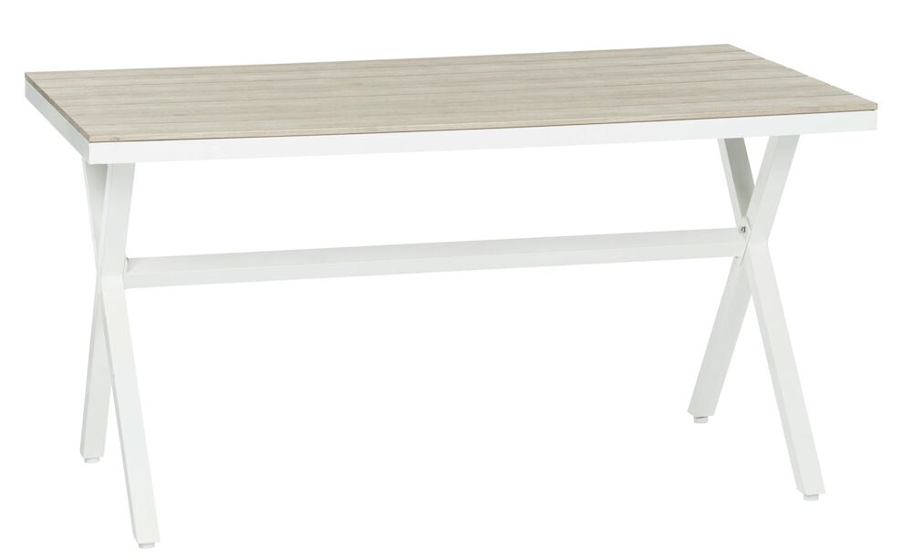 Valkoinen ruokapöytä, jossa aintwood-kansi ja valkoiset jalat.