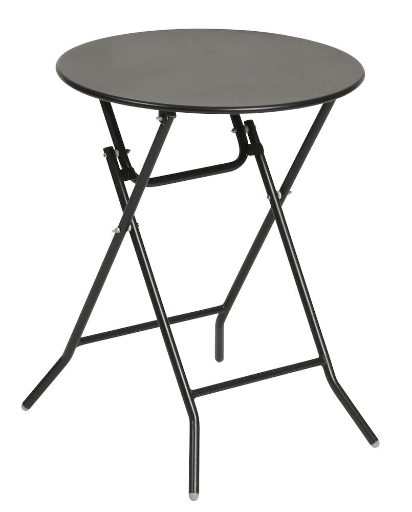 Pyöreä musta teräksinen kahvilapöytä taitettavilla jaloilla.