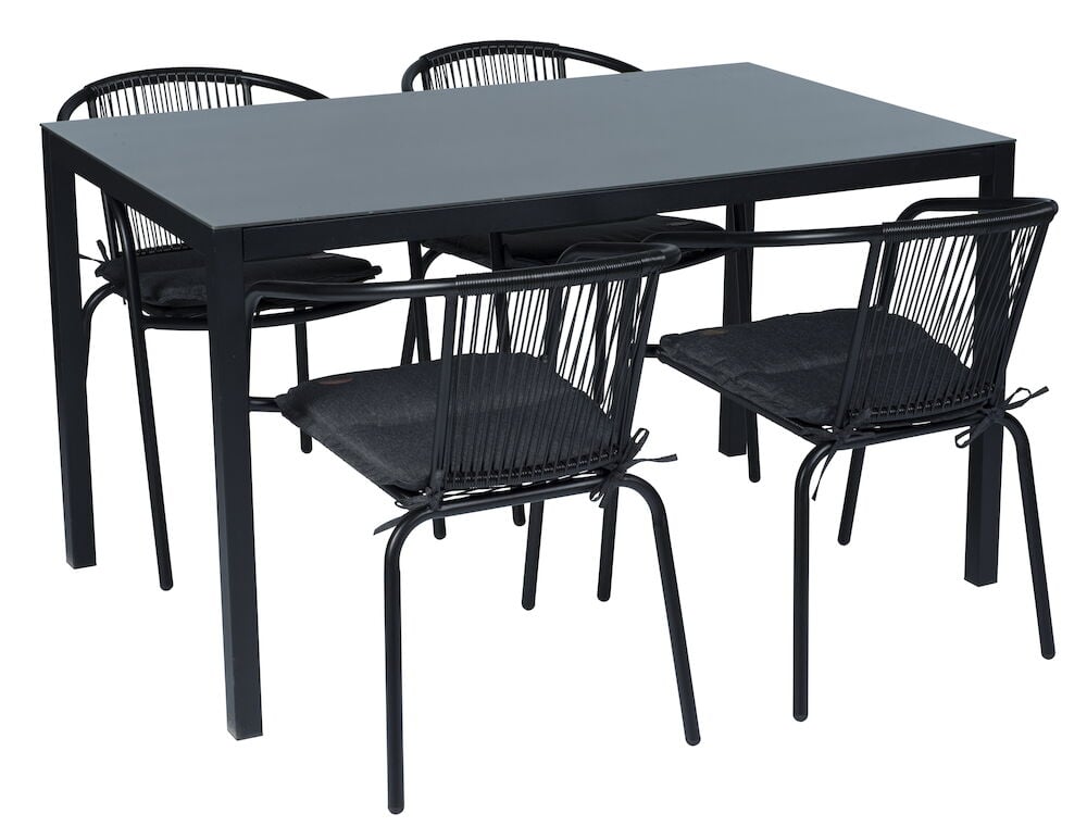 Musta istuinpehmuste ulkokalustesetille, jossa neljä tuolia.