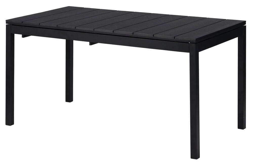 Musta jatkettava ruokapöytä, jossa on neljä suoraa jalkaa.