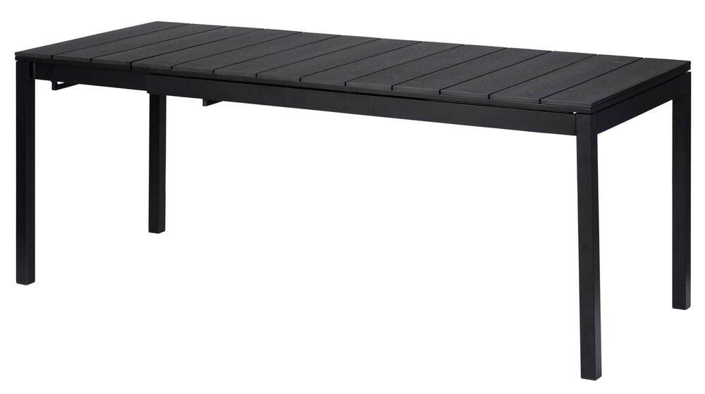 Musta jatkettava pöytä, jossa on neljä jalkaa ja sileä pinta.