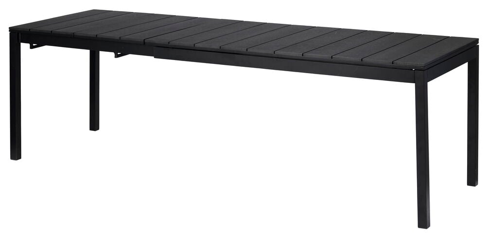 Musta jatkettava puutarhapöytä, jossa on neljä kapeaa jalkaa.