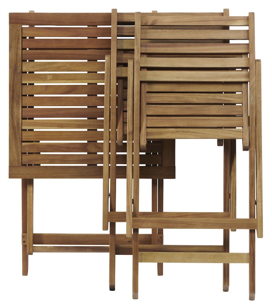 Kokoontaitettava kahvisetti akaasiasta, sisältää pöydän ja tuolit.