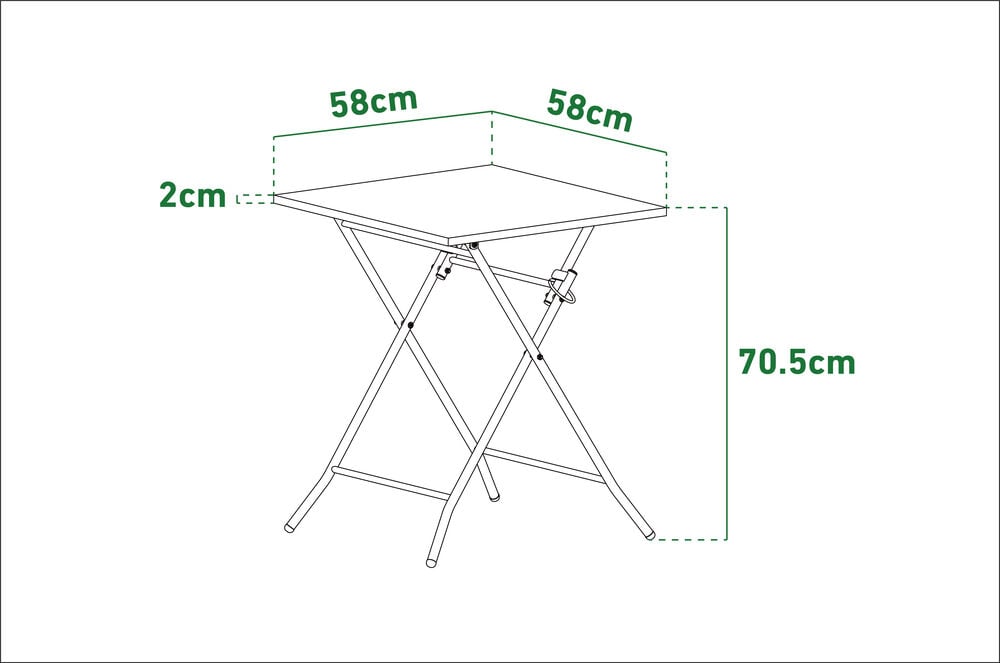 Musta neliönmuotoinen kahvilapöytä, jossa on kokoon taittuva metallikehys.
