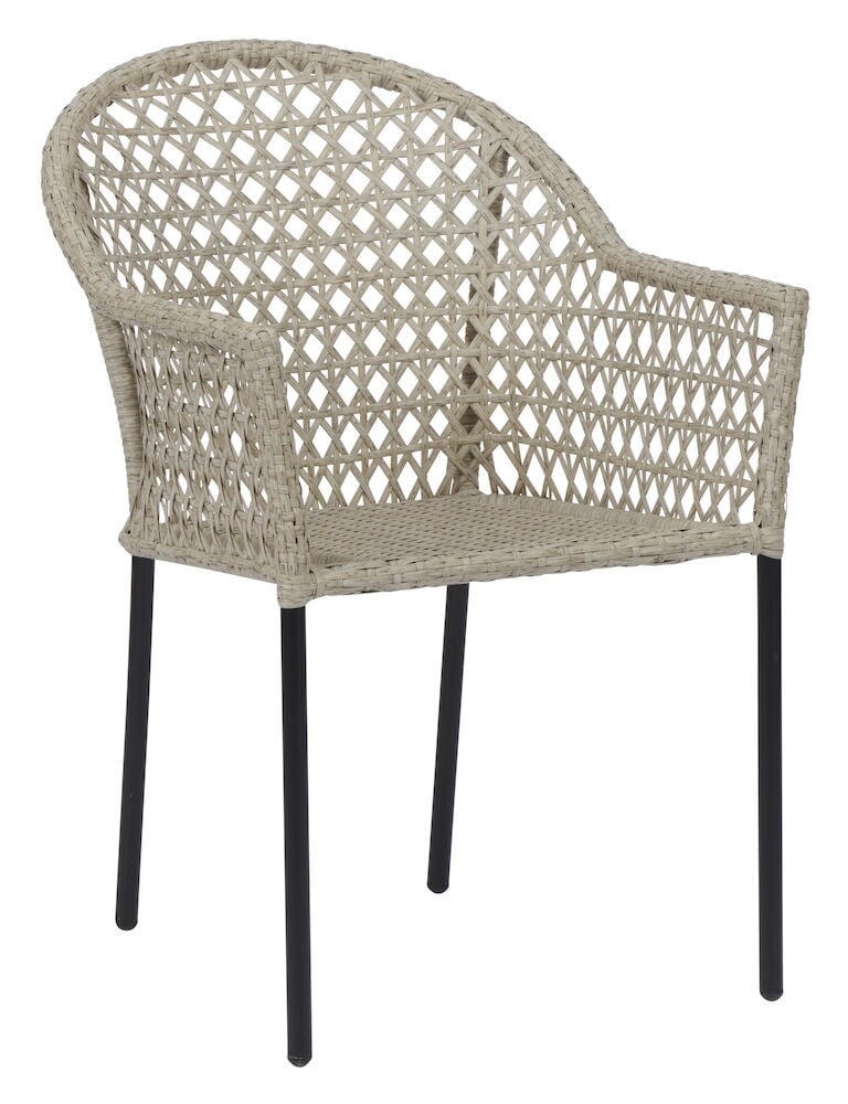 Beige puutarhatuoli polyrottinkia metallijaloilla.