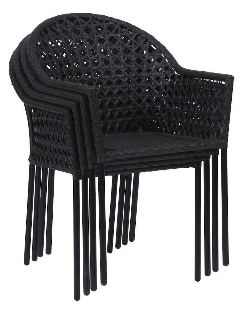 Fyra svarta stapelbara stolar i konstrotting.