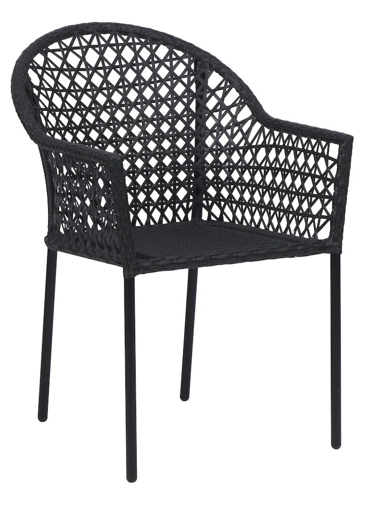 Svart stapelbar stol i konstrotting med armstöd.