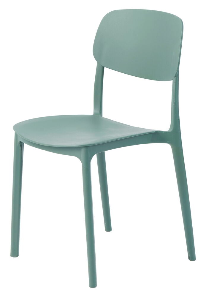 Grön plaststol med rak rygg och fyra ben.