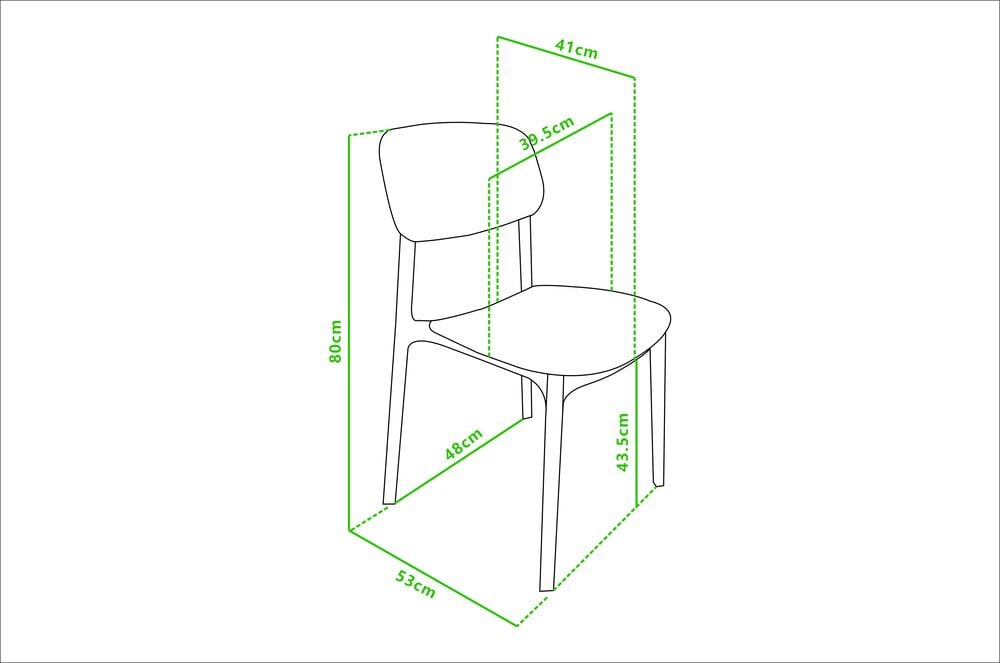 Streckad ritning av stol med måttangivelser.