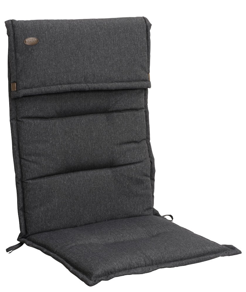 Musta korkean selkänojan tyyny niskatyynyllä.