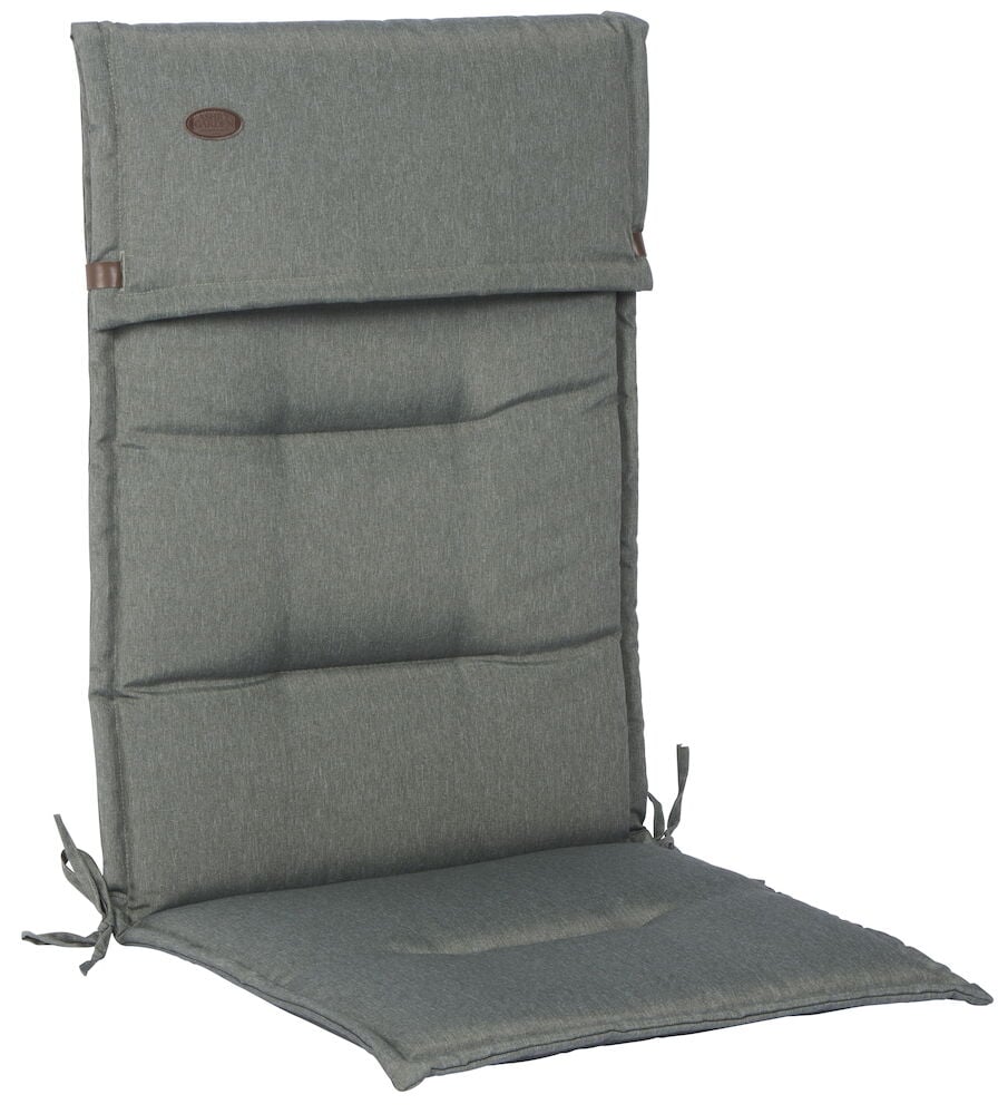 Vihreä istuintyyny korkealla selkänojalla ja niskatyynyllä.