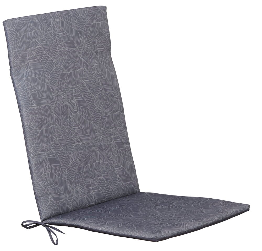 Grå pute med bladmotiv og knytebånd.