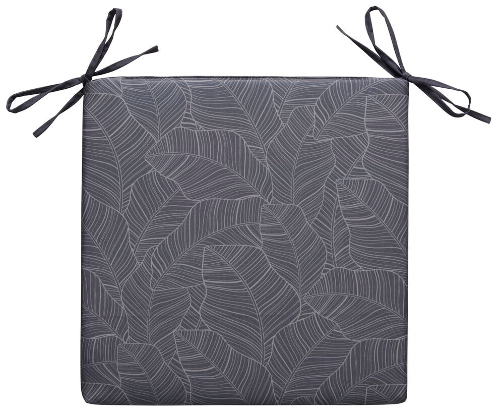 Kvadratisk grå stolpute med bladmønster og knytebånd.