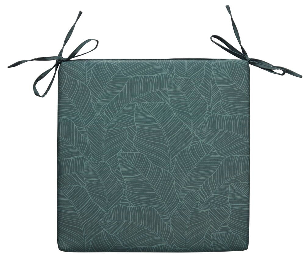 Grønn stolpute med bladmotiv og knytebånd.