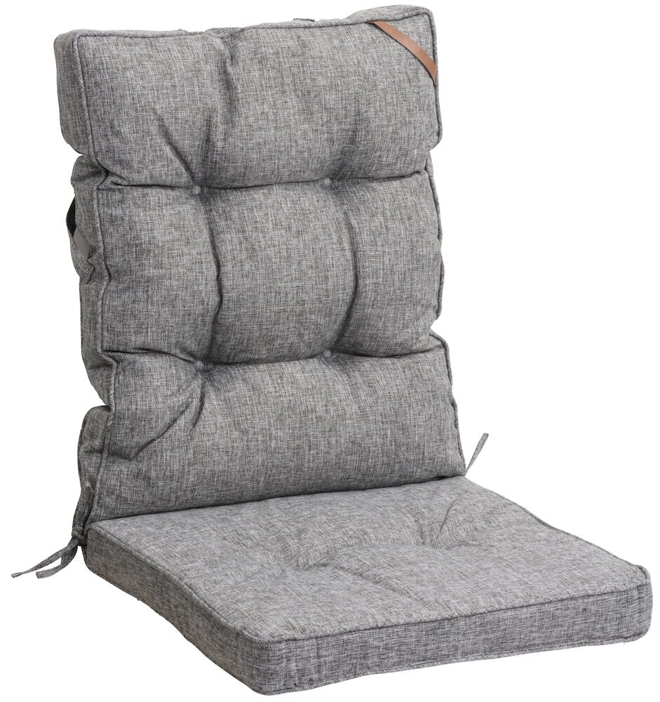 Harmaa korkeaselkäinen ulkotuolityyny remmeillä.