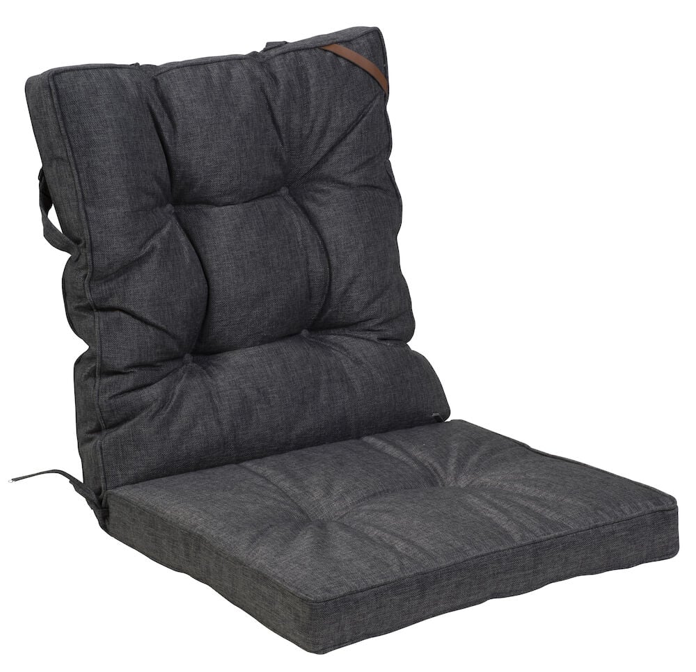 Musta istuinpehmuste, jossa on matala selkänoja ja kiinnitysremmit.