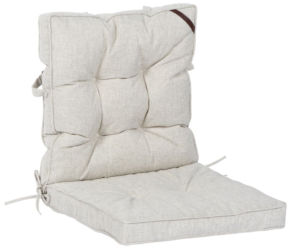 Vaaleanharmaa istuintyyny, jossa on matala selkänoja ja solmimisnauhat.