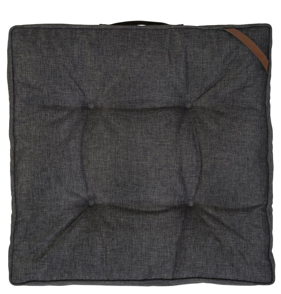 Musta neliönmuotoinen tuolinpehmuste kantokahvalla ja yksityiskohdilla.