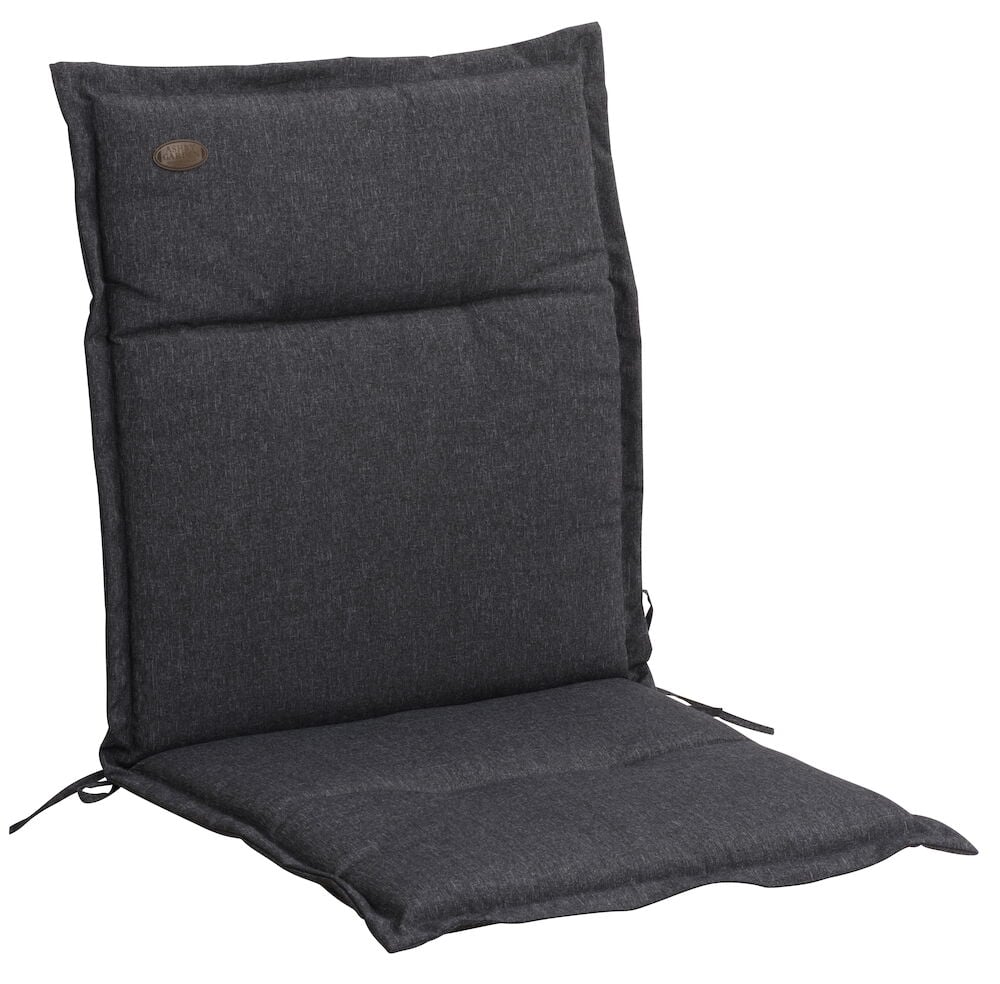 Musta suorakulmainen istuintyyny, jossa on korkea selkänoja.