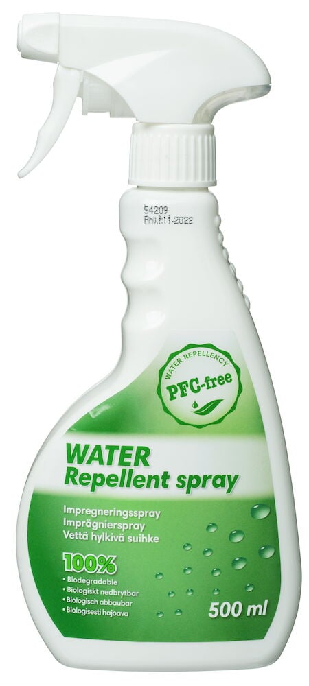 Valkoinen suihkepullo, jossa vihreä etiketti ja laukaisukahva.