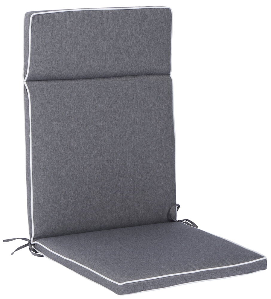 Grå sittdyna hög rygg med vita kanter.