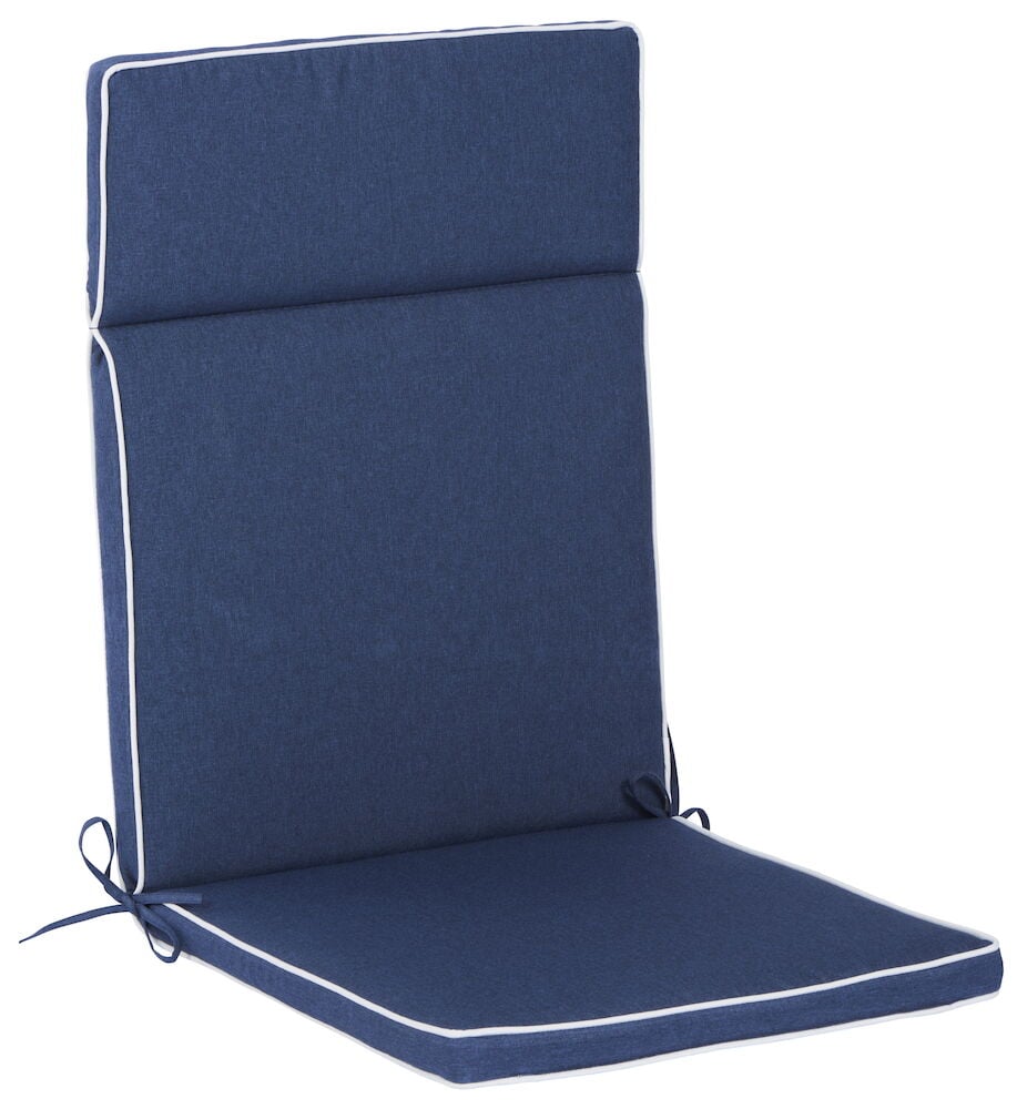 Sininen korkeaselkänojainen tyyny, jossa valkoiset kanttinauhat.