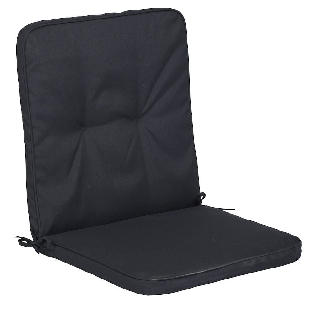 Musta matala selkänojallinen ulkotyyny solmimisnauhoilla.