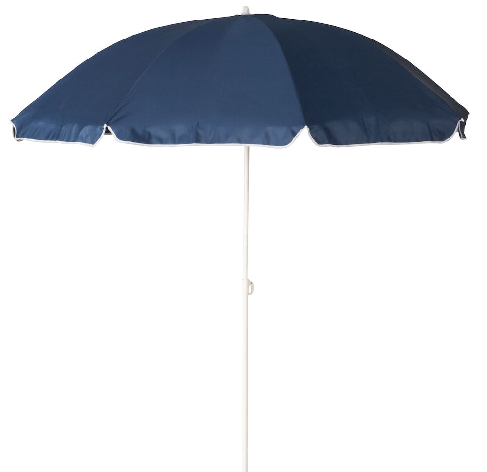 Sininen aurinkovarjo, jossa on valkoinen varsi valkoisella taustalla.