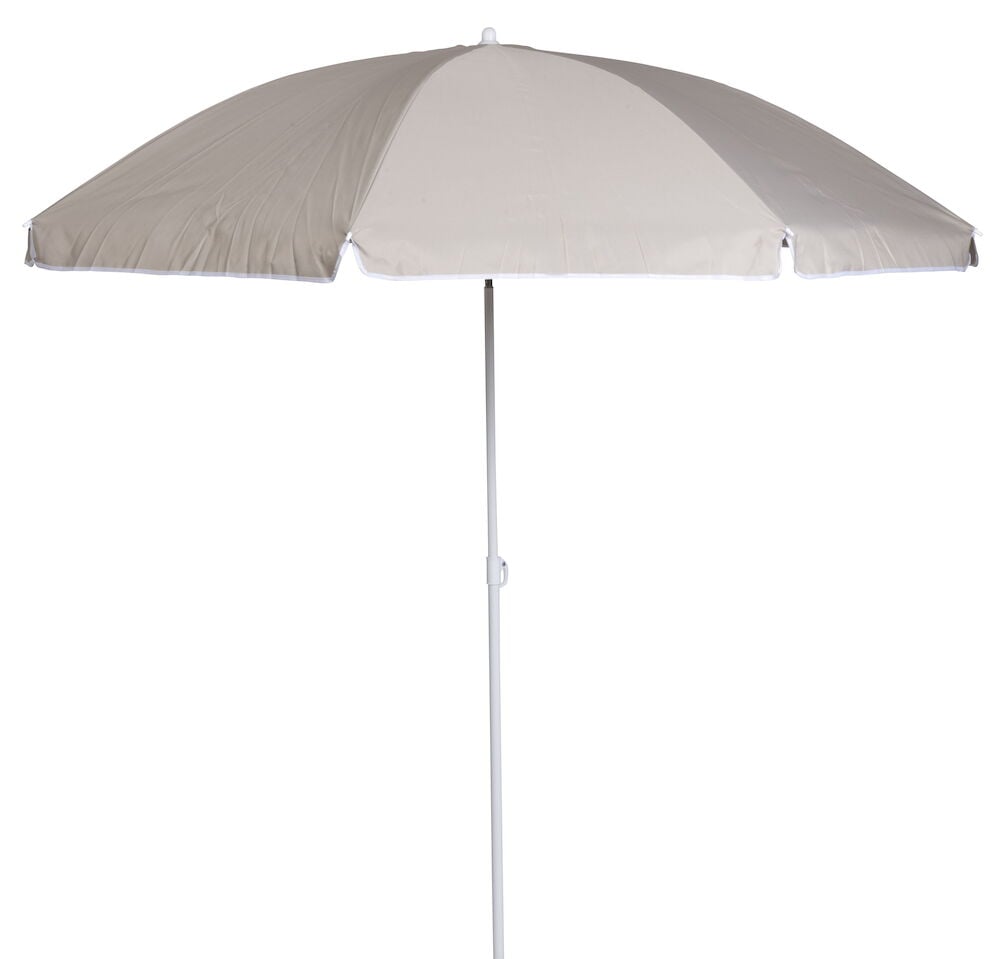 Beige varjo valkoisella jalalla ja pyöreällä kankaalla.