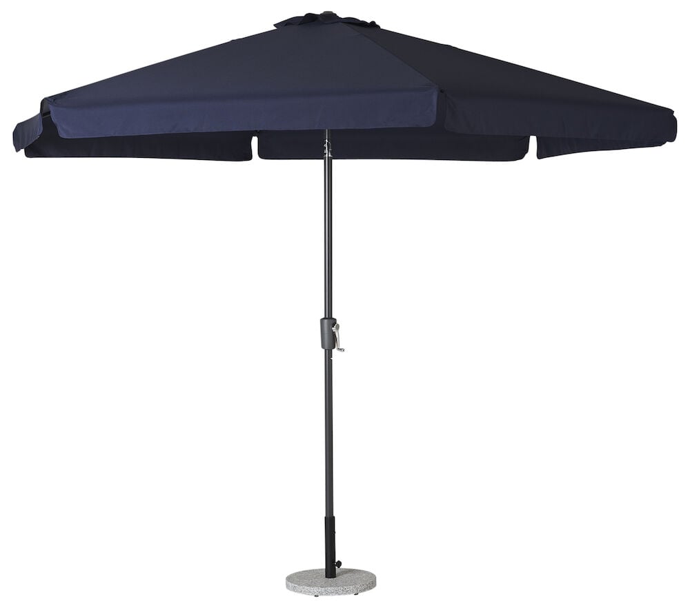 Blå parasoll med sveiv og rund steinfot.