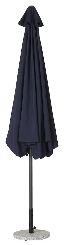 Hopflett blått parasoll med svart stang og fot.