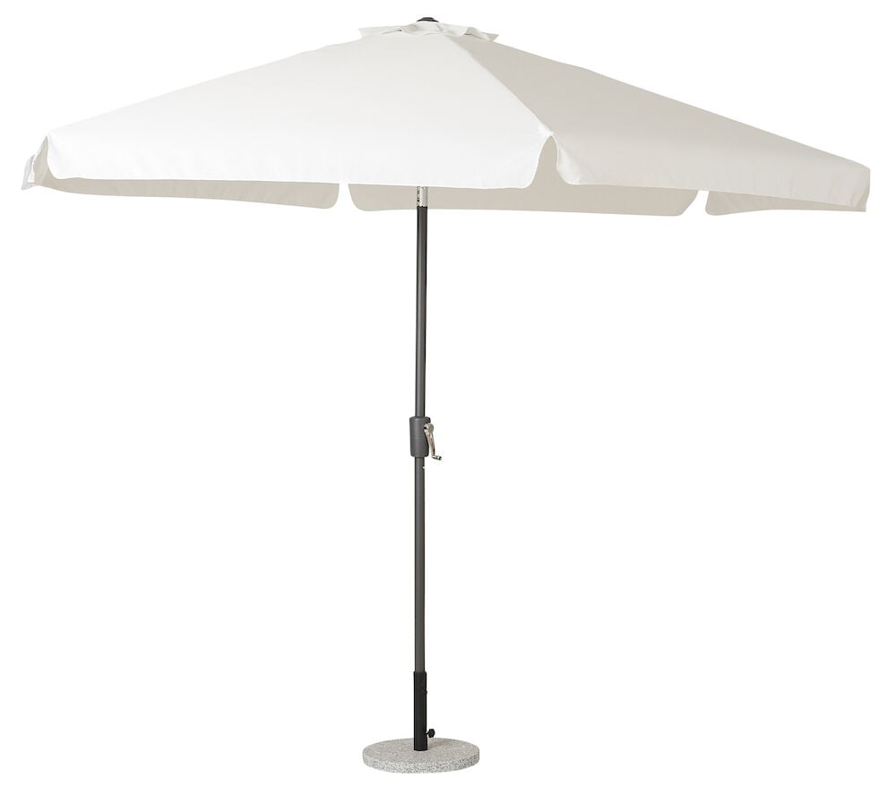 Stort hvitt parasoll med svart stang og rund fot.