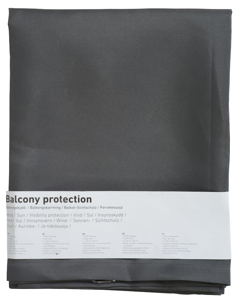 Harmaa parvekesuoja polyesteristä valkoista taustaa vasten.