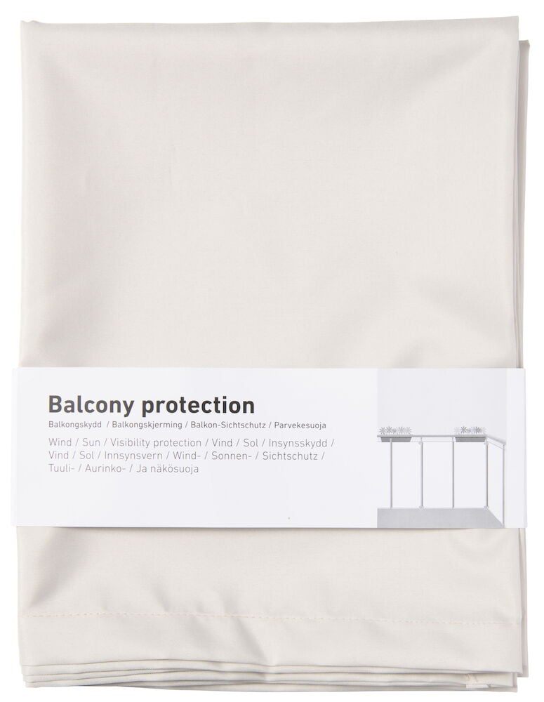 Vaaleanharmaa parvekkeen suojus taitettu tuote-etiketillä.