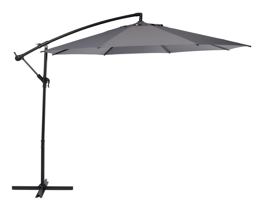 Harmaa sivuripustettava aurinkovarjo, jossa on vankka runko.