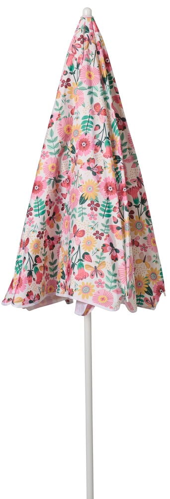 Flamingo/Schmetterling Polyester Sonnenschirm mit rosa, gelbem, grünem Blumen- und Schmetterlingsmuster, auf weißem Stock.