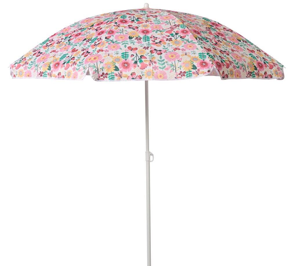 Sonnenschirm, kippbar Ø160 cm Flamingo/Schmetterling Polyester, mit weißem Mast und Blumenmuster.