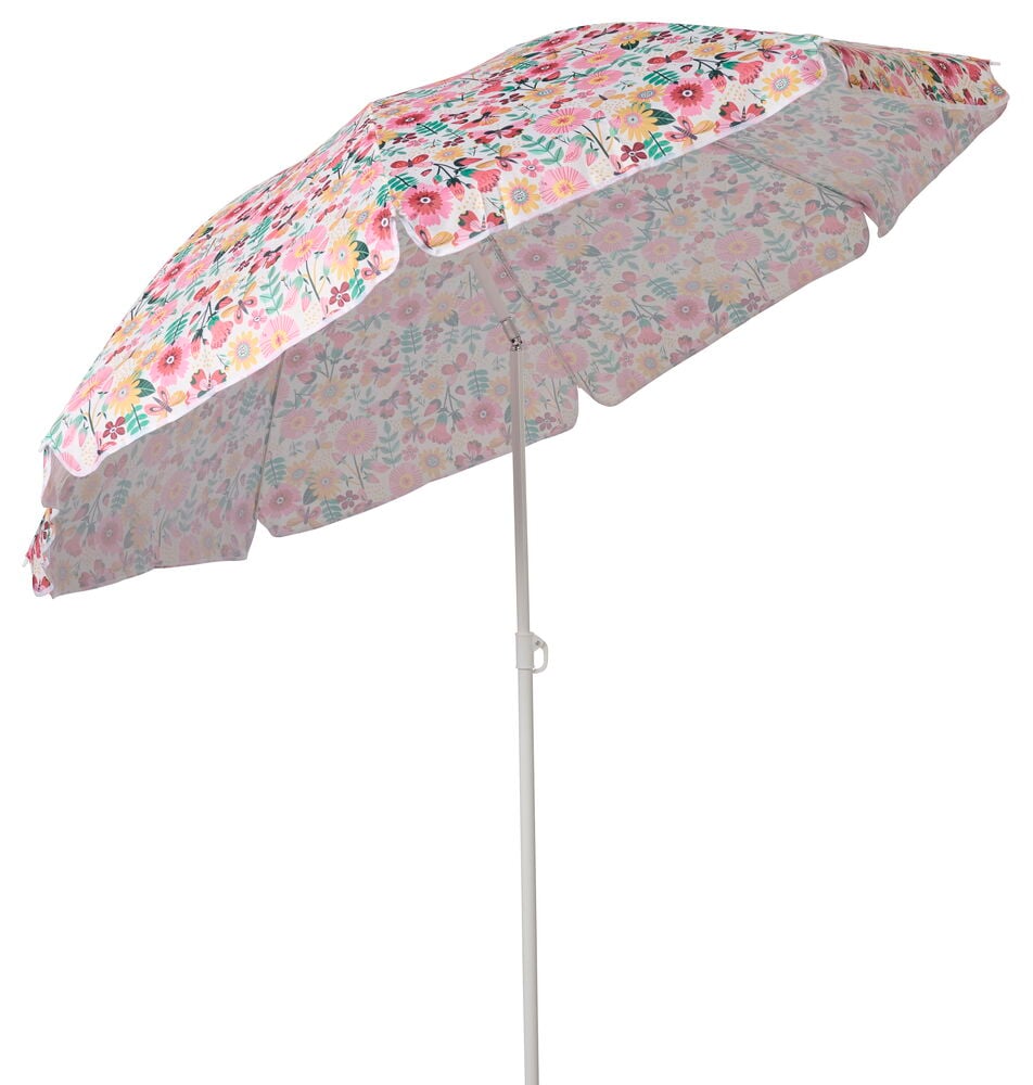 Ein kippbarer Ø160 cm Sonnenschirm aus Polyester mit farbenfrohem Blumenmuster in Rosa, Gelb und Grün.