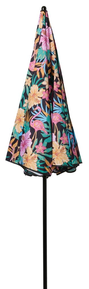 Ein geschlossener Sonnenschirm, kippbar Ø160 cm Flamingo/Schmetterling Polyester, mit Flamingos und Blumen.