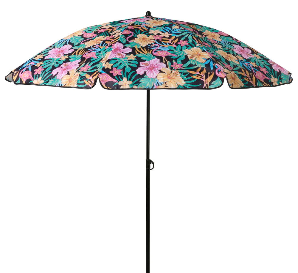 Ein runder Sonnenschirm, kippbar Ø160 cm Flamingo/Schmetterling Polyester, mit lebhaftem tropischem Blumen- und Flamingomuster auf schwarzem Hintergrund, mit schwarzem Mast.