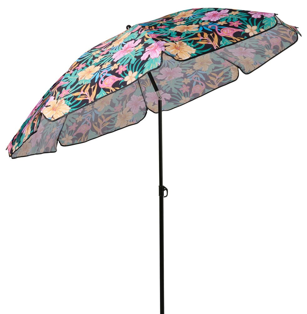 Sonnenschirm, kippbar Ø160 cm Flamingo/Schmetterling Polyester, mit buntem Blumen- und Flamingomuster.