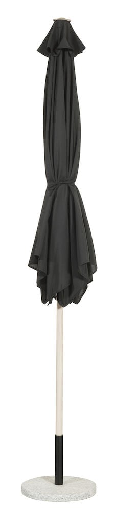 Kokoontaitettava musta aurinkovarjo, jossa on alumiinikahva jalustassa.