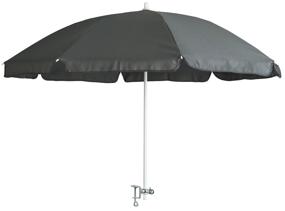 Harmaa parvekevarjo, jossa on kallistus ja kiinnitys.