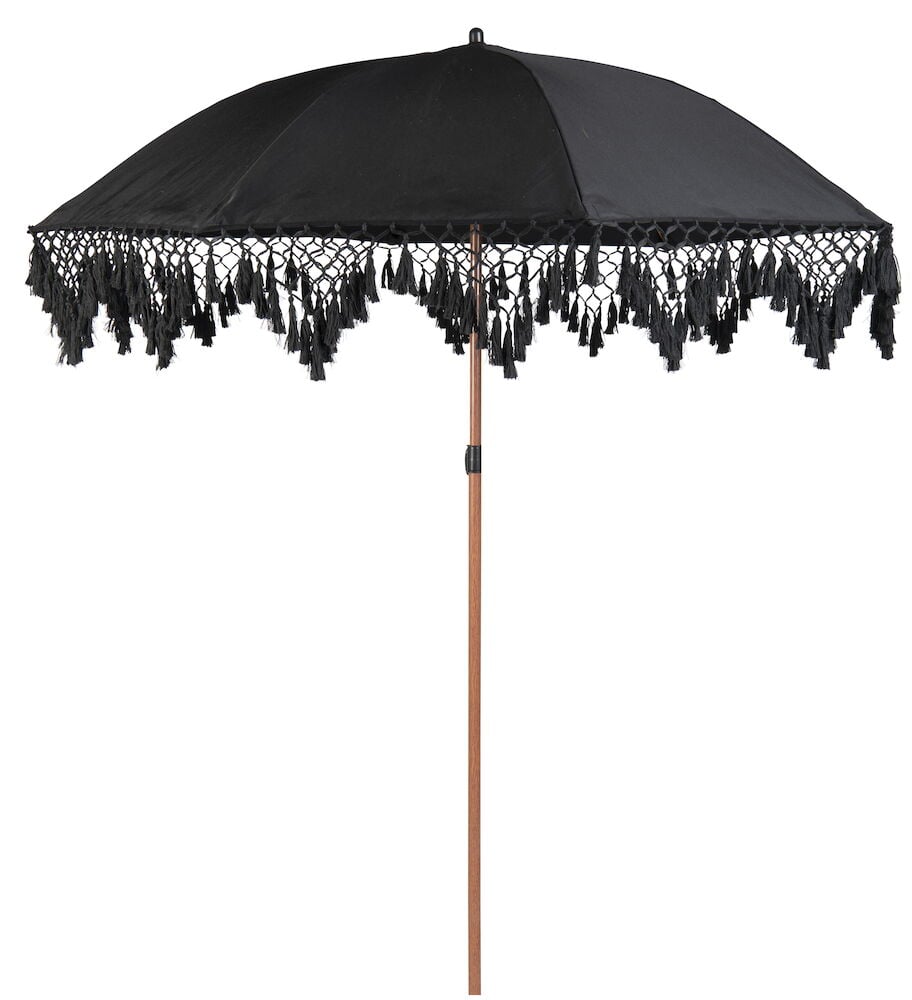 Musta aurinkovarjo koristeellisilla hapsuilla ja puutangolla.