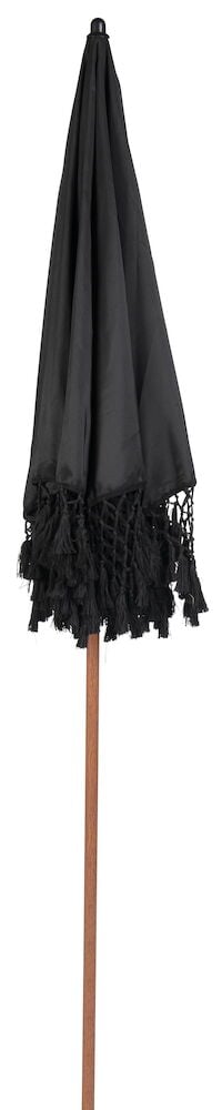 Musta taitettava aurinkovarjo puuvarrella ja koristeellisilla hapsuilla.