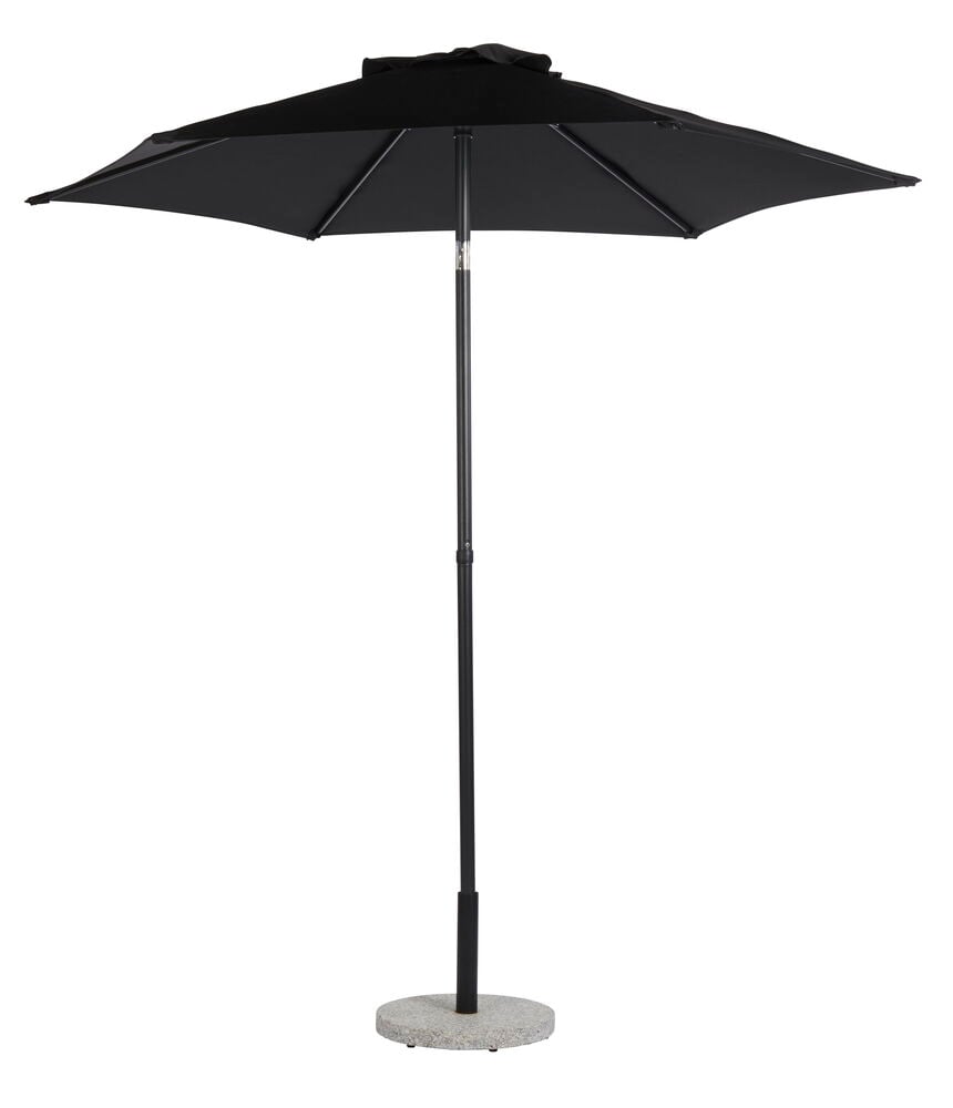 Musta varjo pyöreällä kankaalla ja metallivarrella.